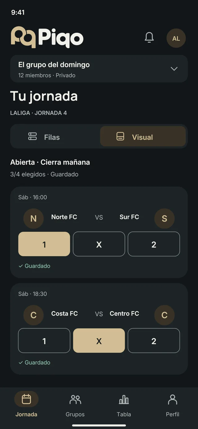 Pantalla de jornada en la app Piqo
